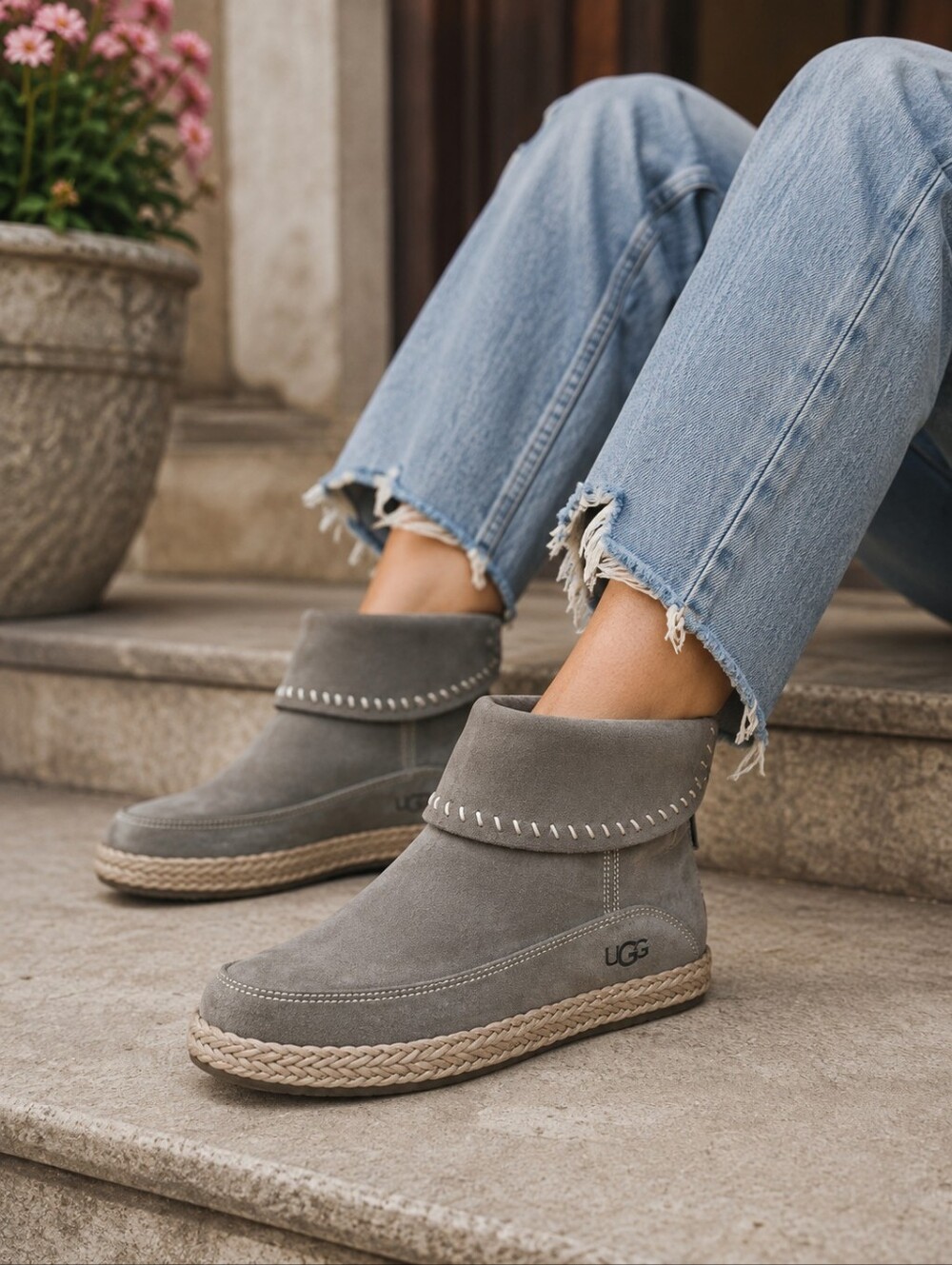 UGG Gray Suede Ankle Booties with Braided Espadrille Sole